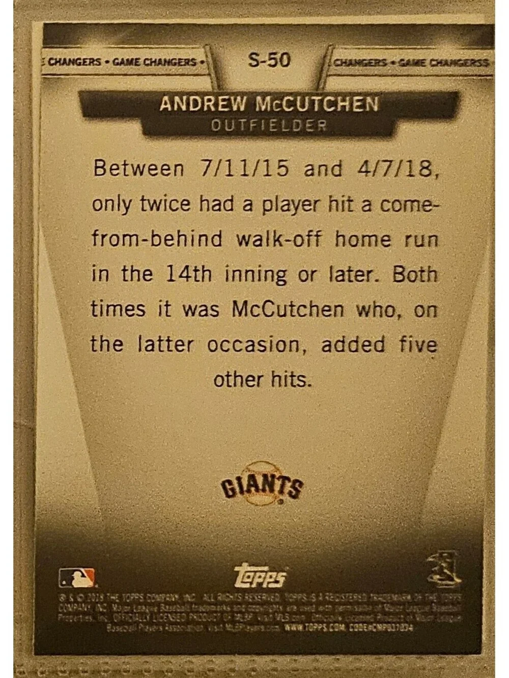 Andrew McCutchen 2018 Topps Update TOPPS SALUTE Insert Giants #S-50